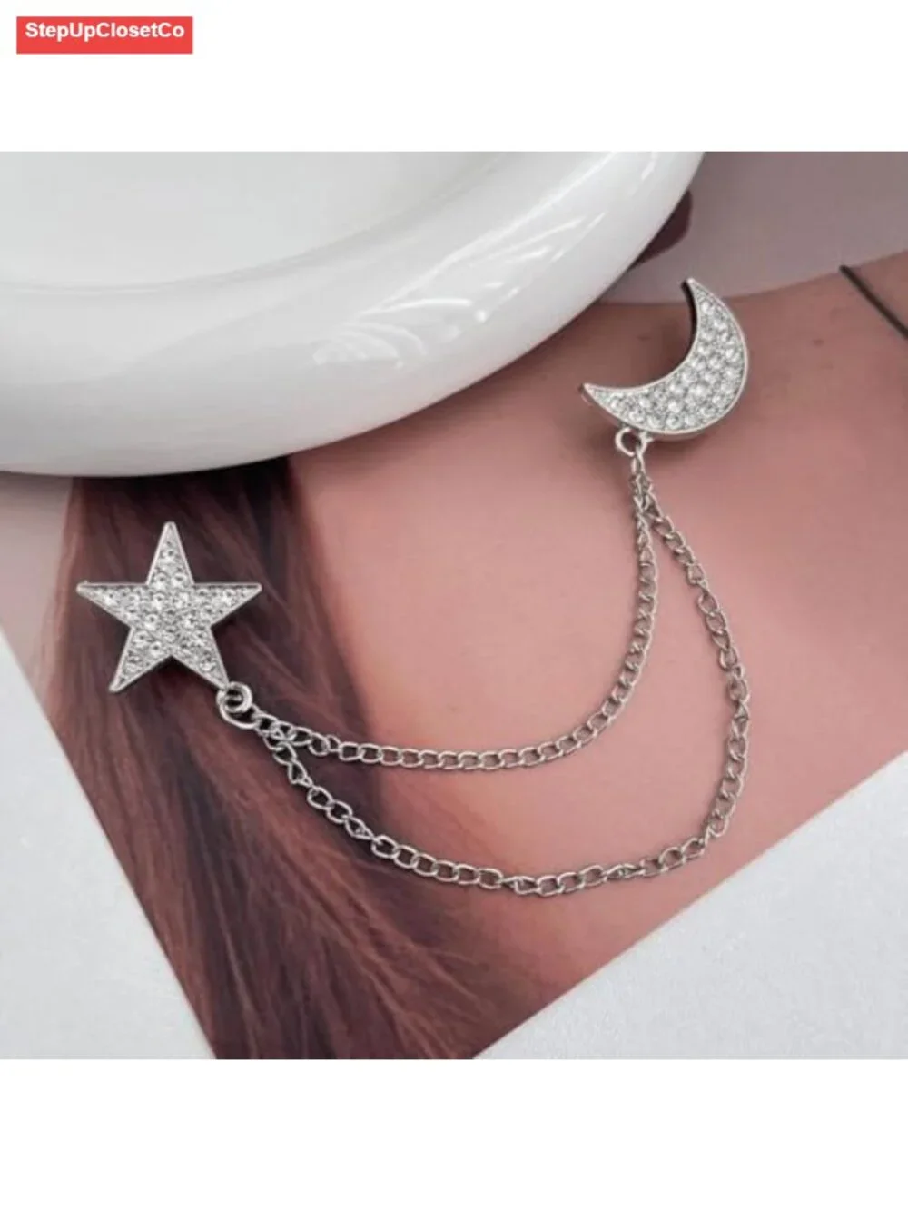 Gold Tassel Chain Brooch Double Pin Star Moon Crystal Rhinestone Suit Coat